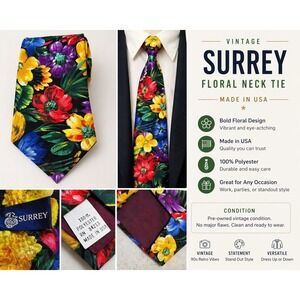 Vintage Floral Neck Tie Bold Colorful Statement Tie Made USA Surrey Retro Red